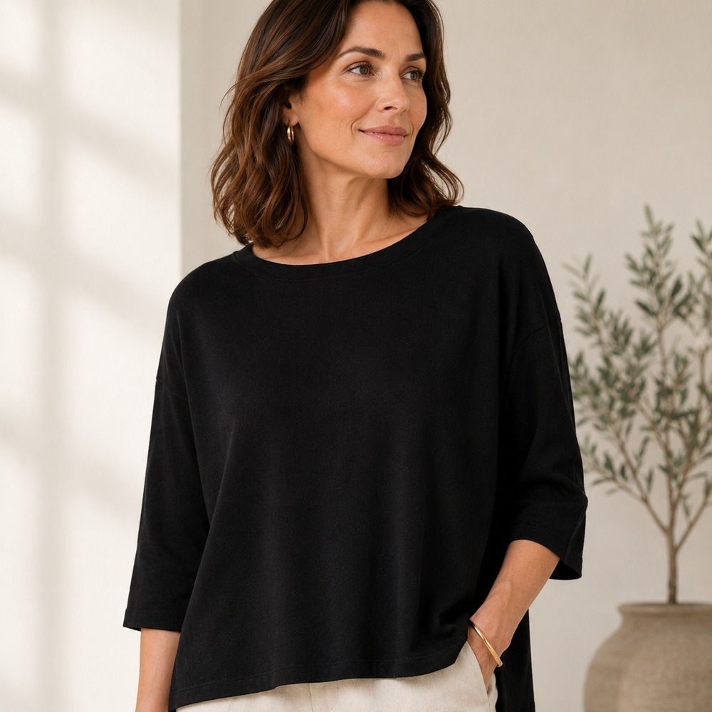 Eileen Fisher Black Knit Tunic Top 3/4 Sleeve Side Slit Relaxed Fit Medium